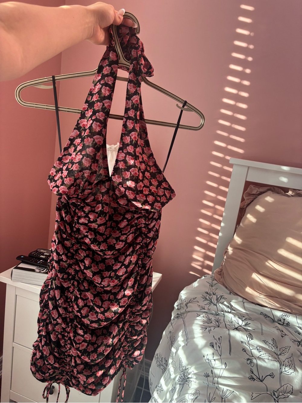 Floral Halter Ruched Mini Dress - Black with Pink Roses